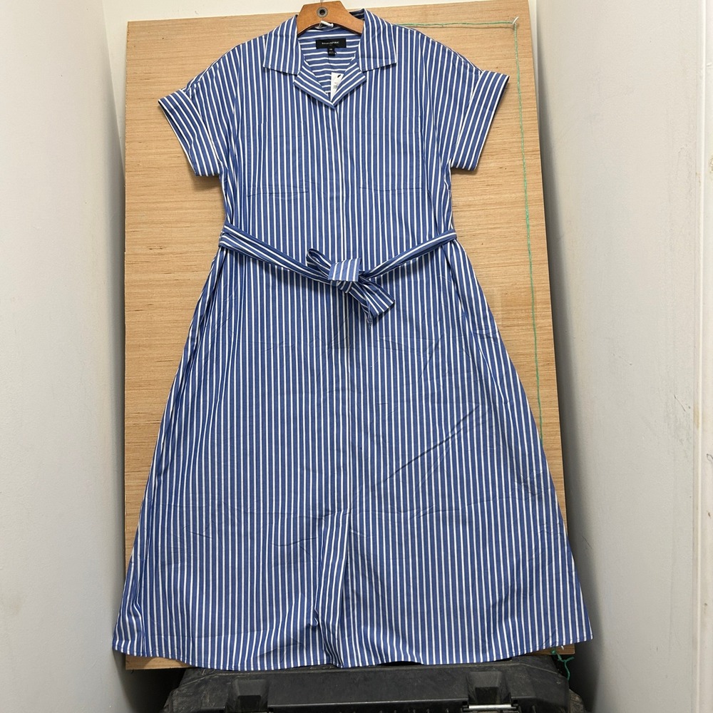 Banana Republic Womens XS Blue White Striped Midi Shirtdress Belted 705731-06-1